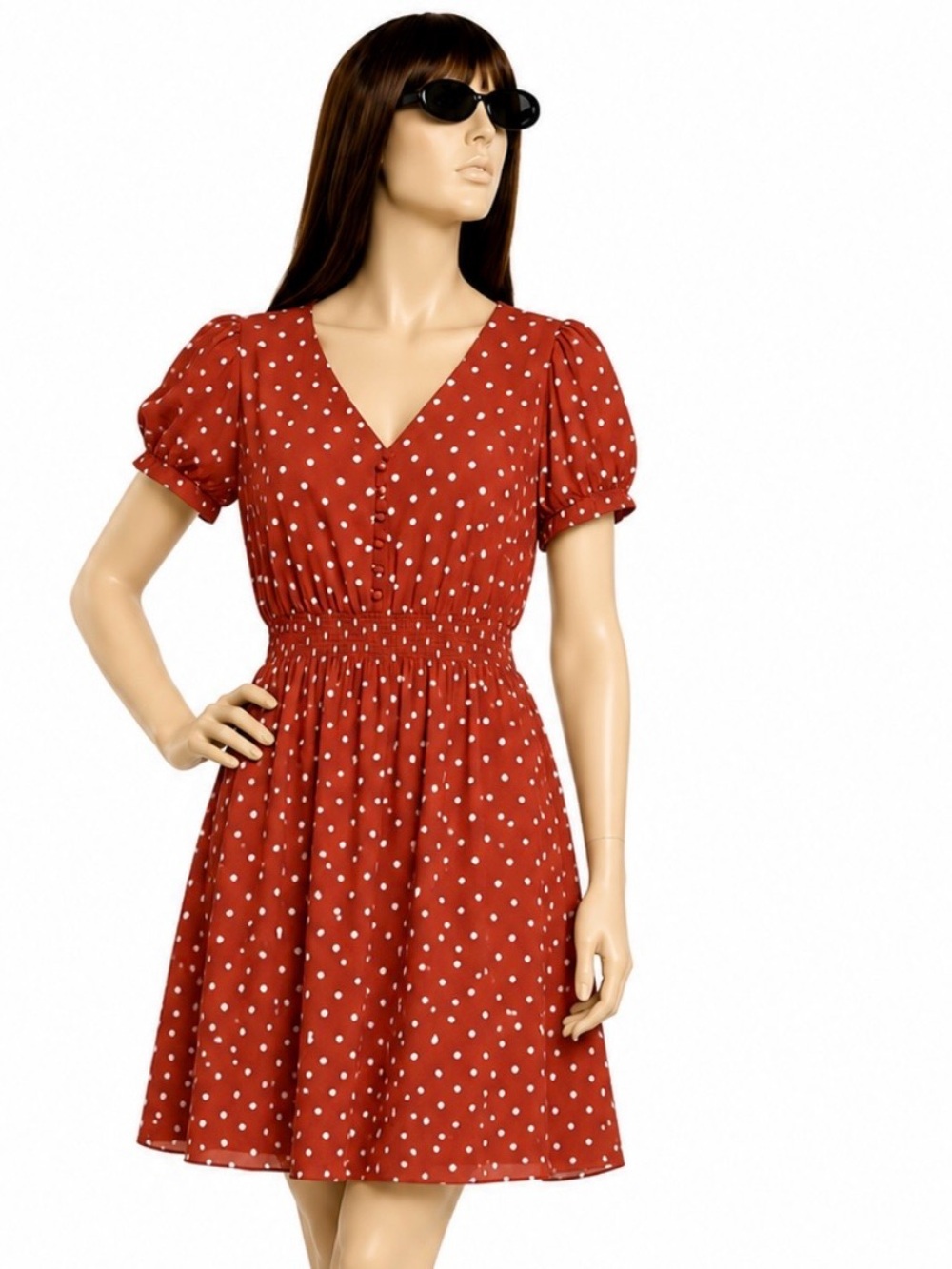 Madewell Burnt Orange w/Beige Dots Smocked-Waist Mini Dress Size S